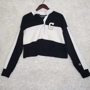 Champion Shirt Women Meduim Black White Rugby Crop Long Sleeve Felt C Colorblock